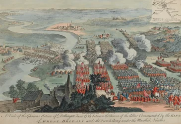 Een uitzicht op de glorieuze actie van Dettingen, 16-27 juni 1743, gegraveerd door I. Pano, uitgegeven door Robert Wilkinson, Londen, 1743